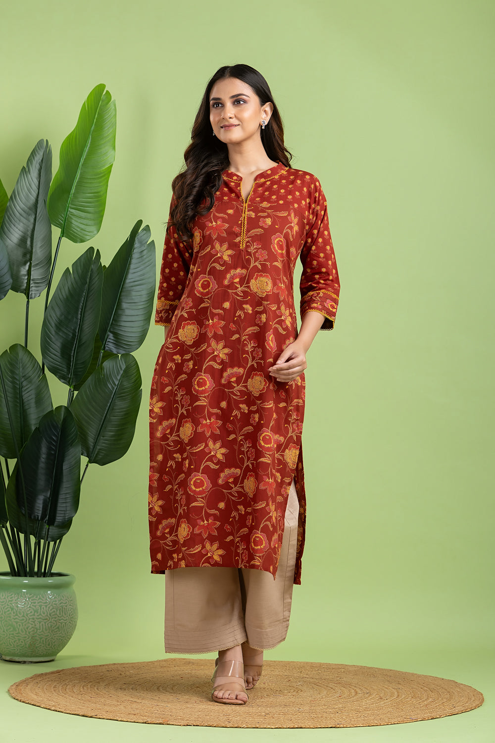Brick Red & Yellow Mix Match Floral Print Kurta
