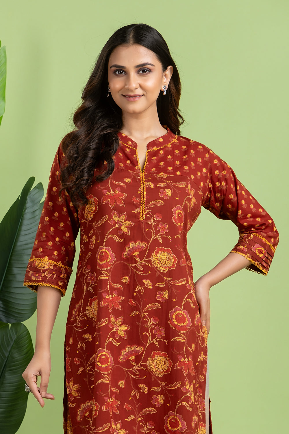 Brick Red & Yellow Mix Match Floral Print Kurta