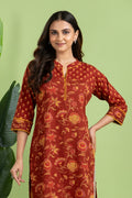 Brick Red & Yellow Mix Match Floral Print Kurta