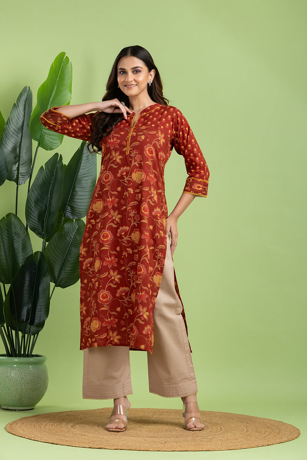 Brick Red & Yellow Mix Match Floral Print Kurta