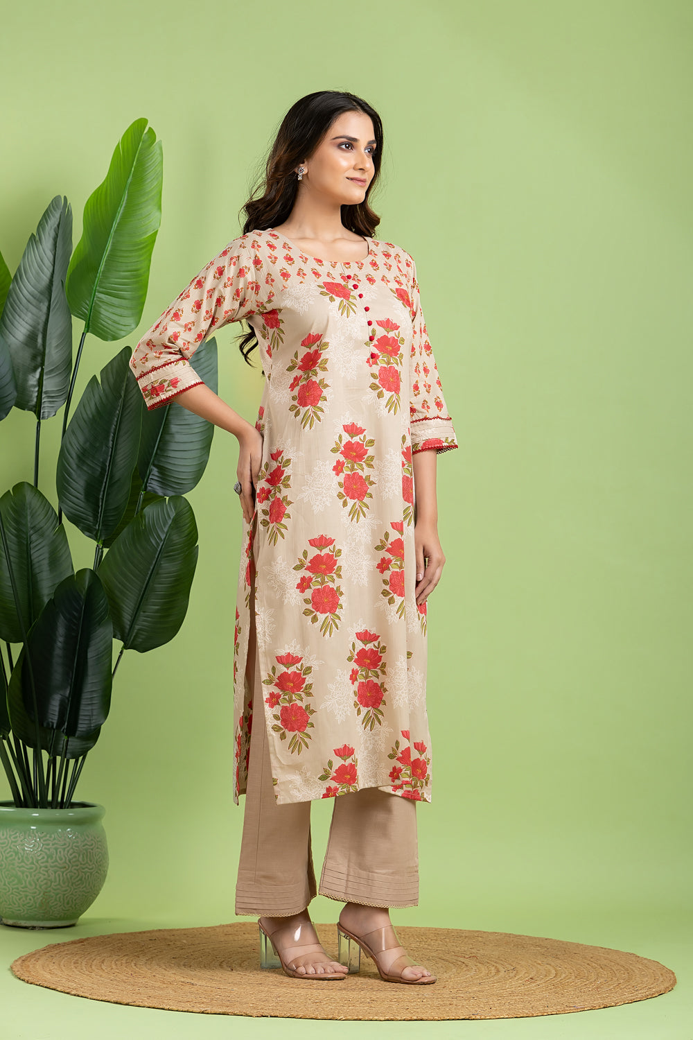 Ecru Floral Print Mix Match Kurta
