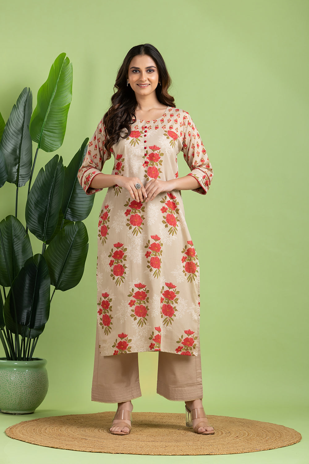Ecru Floral Print Mix Match Kurta