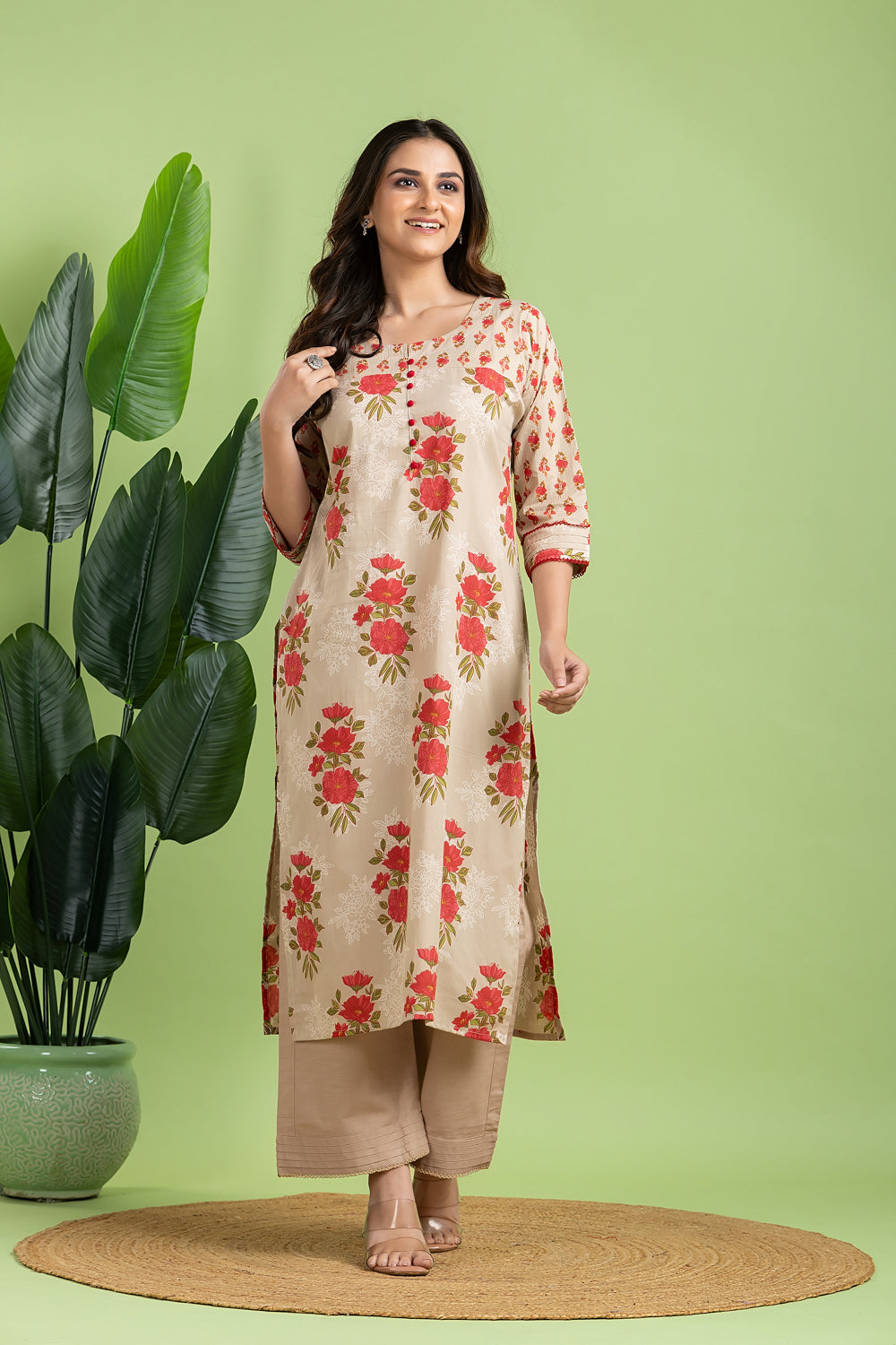 Ecru Floral Print Mix Match Kurta