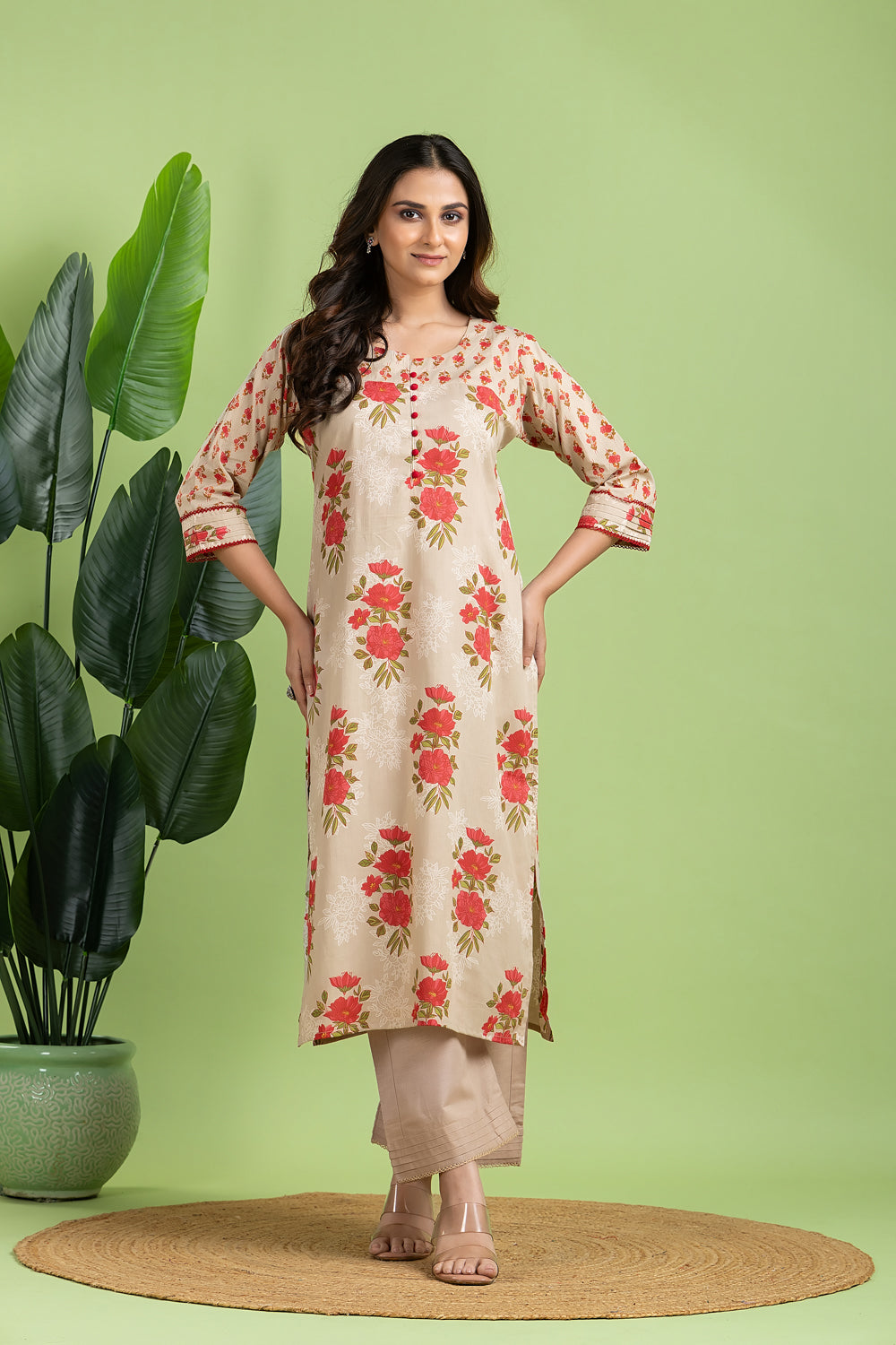 Ecru Floral Print Mix Match Kurta