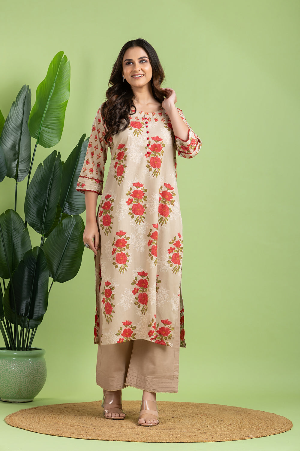 Ecru Floral Print Mix Match Kurta