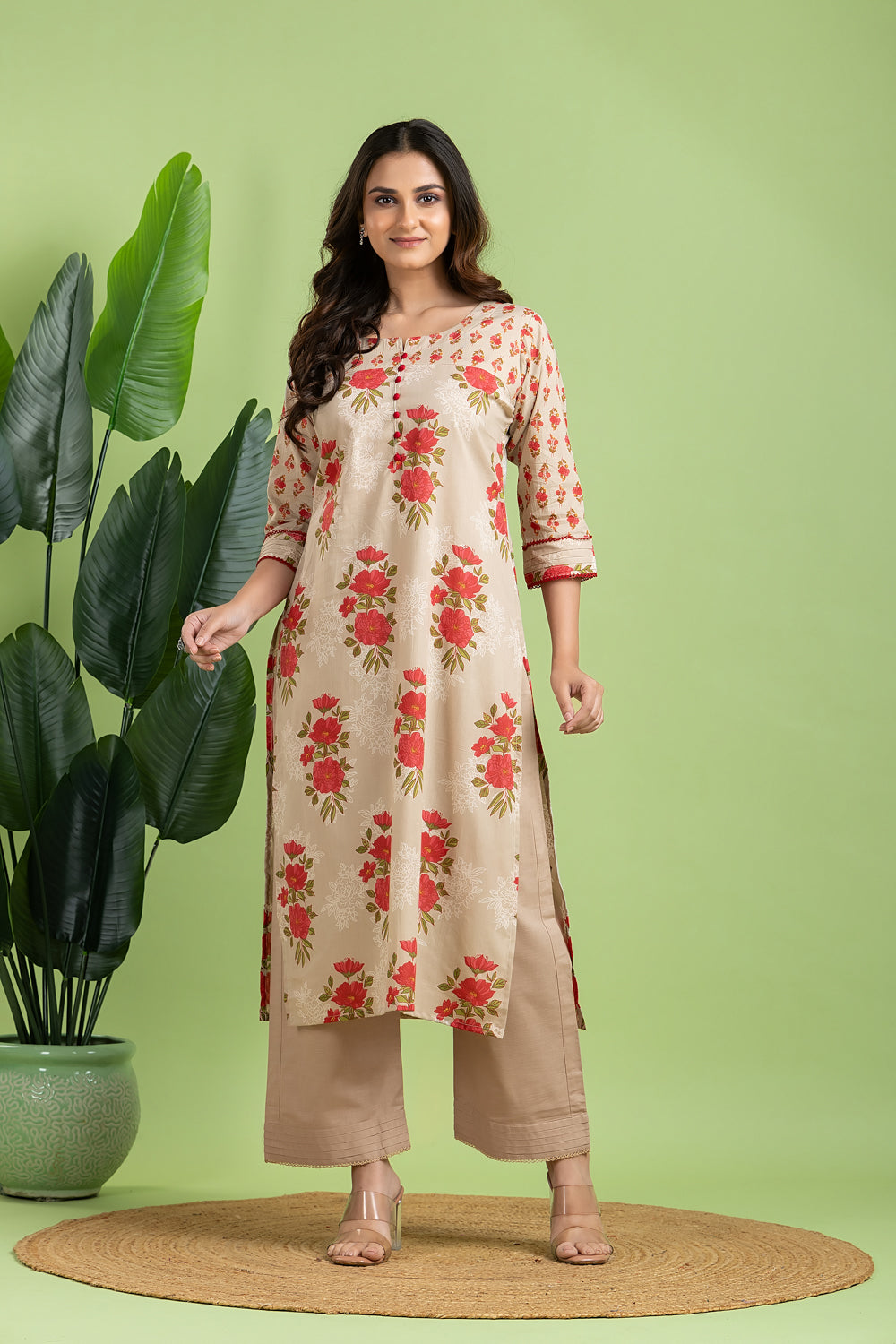 Ecru Floral Print Mix Match Kurta