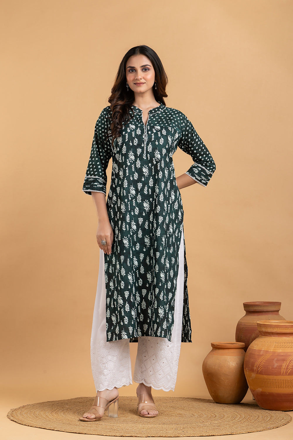Dark Green Mix Match Leaf Print Kurta
