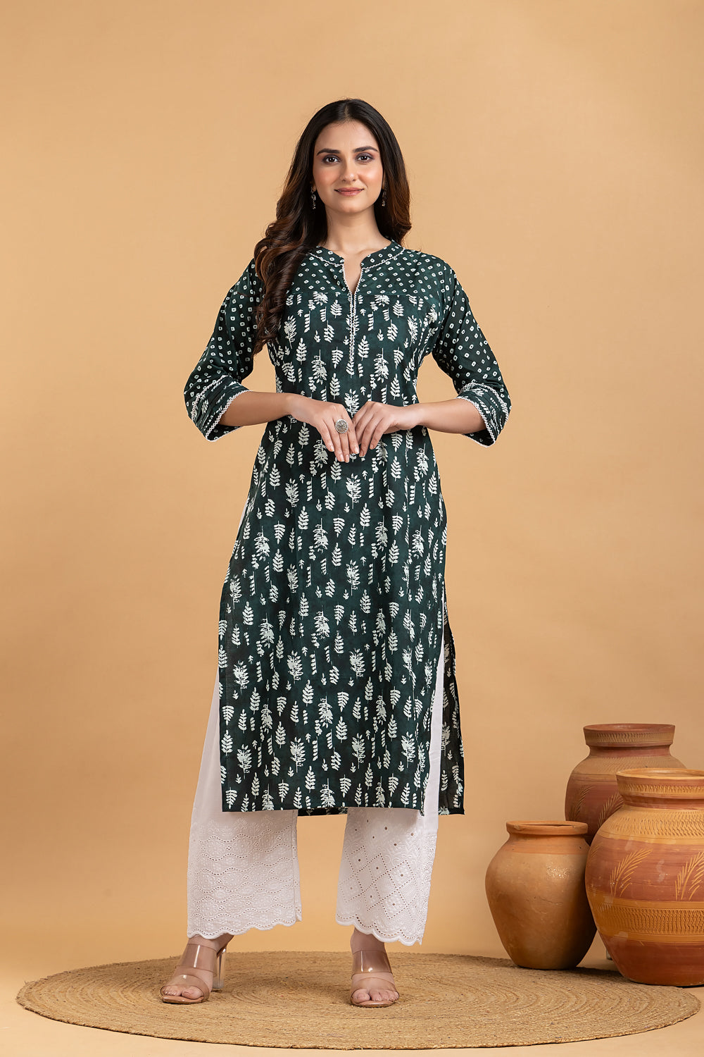 Dark Green Mix Match Leaf Print Kurta