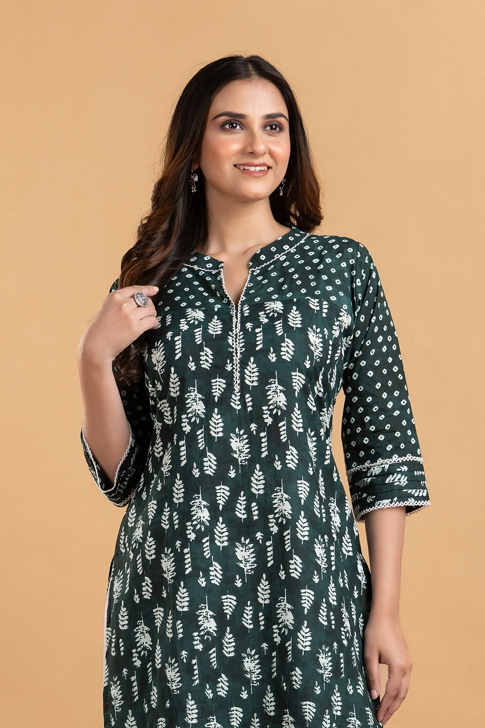 Dark Green Mix Match Leaf Print Kurta