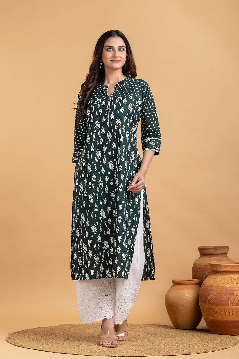 Dark Green Mix Match Leaf Print Kurta