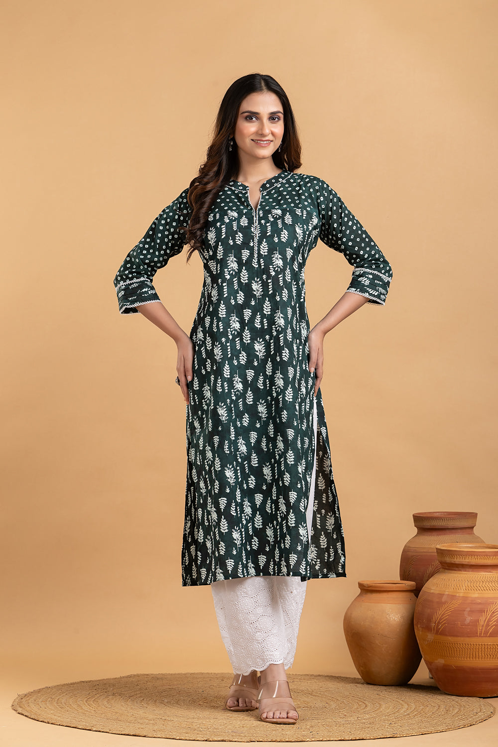 Dark Green Mix Match Leaf Print Kurta