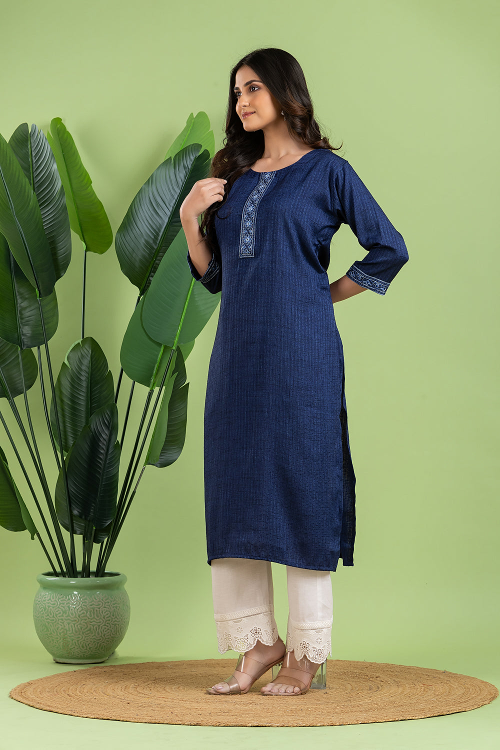Navy Blue Embroidered Self-Design Kurta