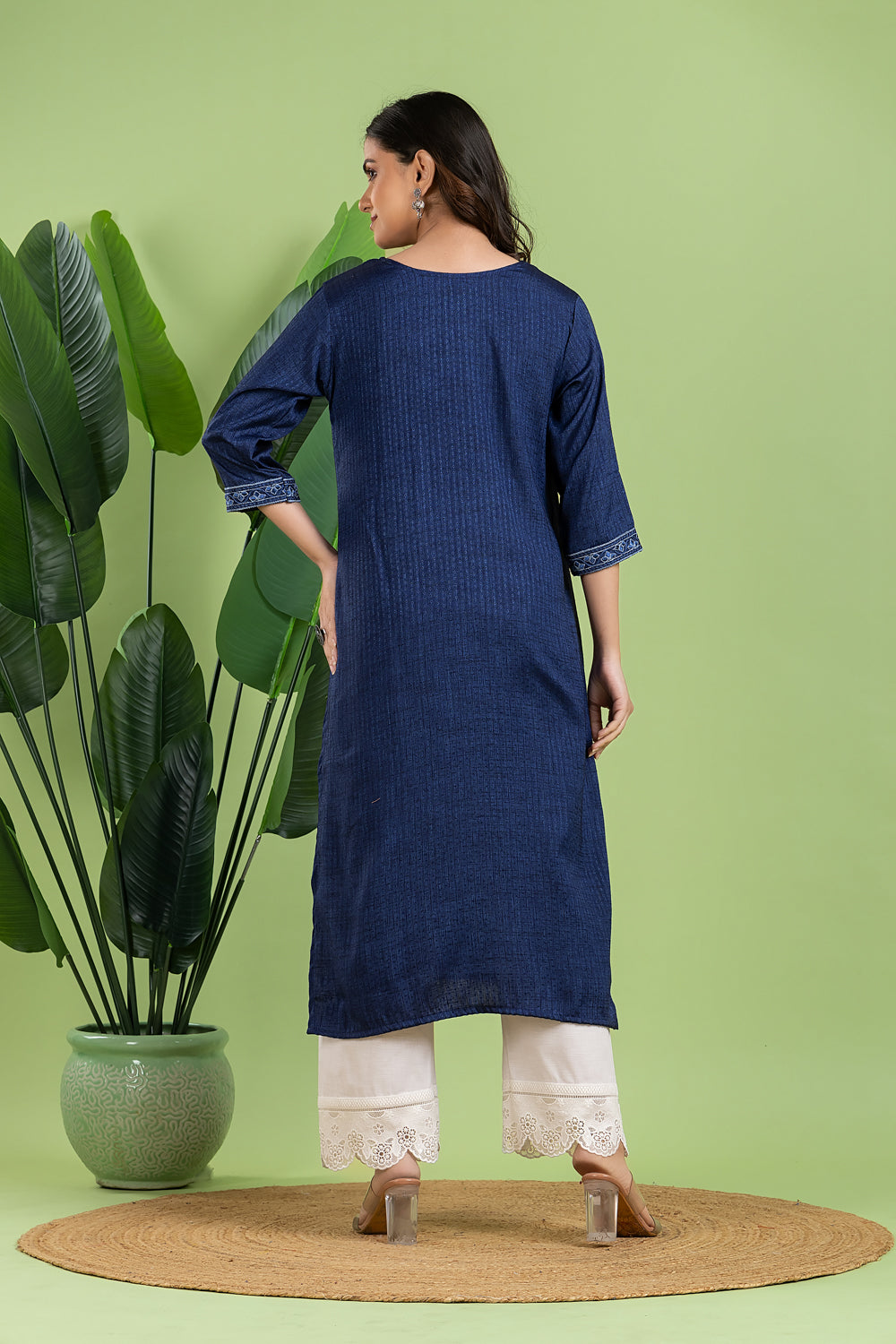 Navy Blue Embroidered Self-Design Kurta