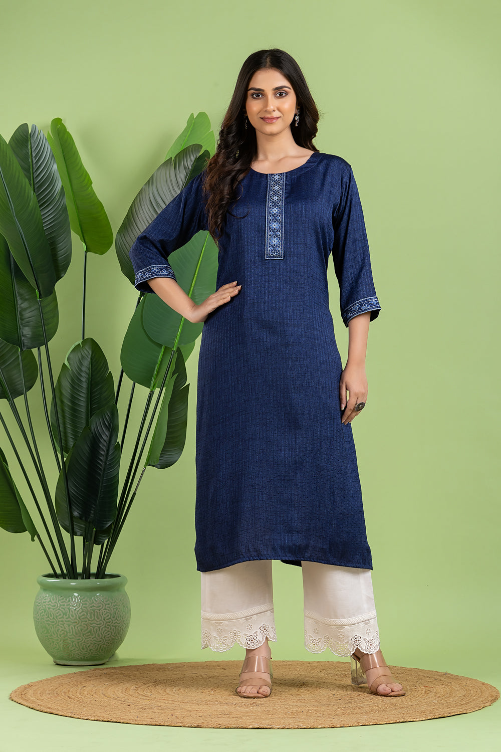 Navy Blue Embroidered Self-Design Kurta