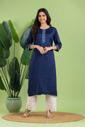 Navy Blue Embroidered Self-Design Kurta