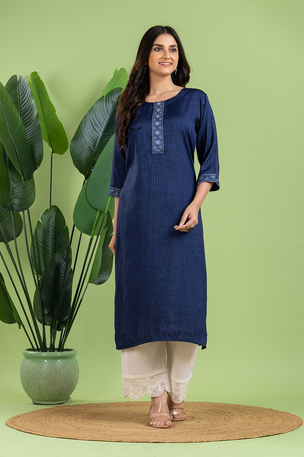 Navy Blue Embroidered Self-Design Kurta