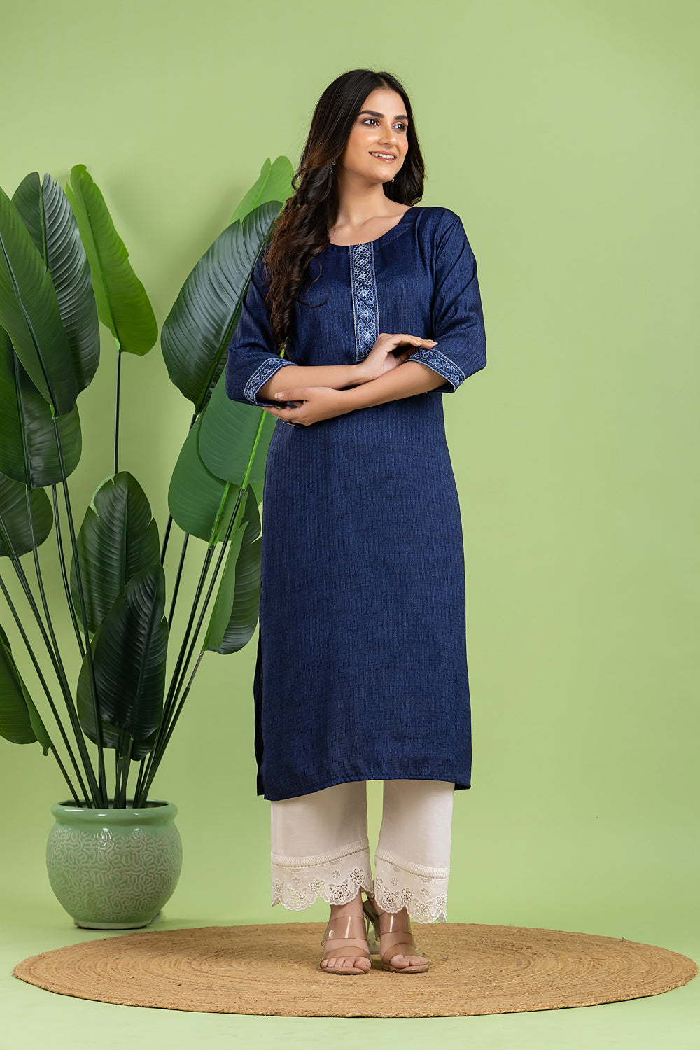 Navy Blue Embroidered Self-Design Kurta