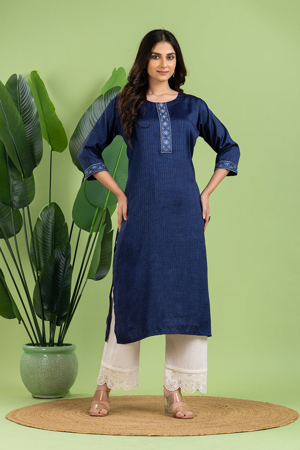 Navy Blue Embroidered Self-Design Kurta