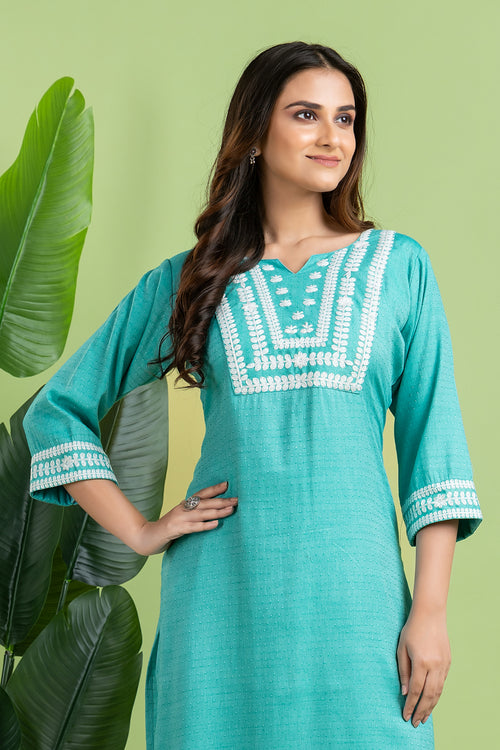 Aqua Blue Floral Embroidered Self-Design Kurta