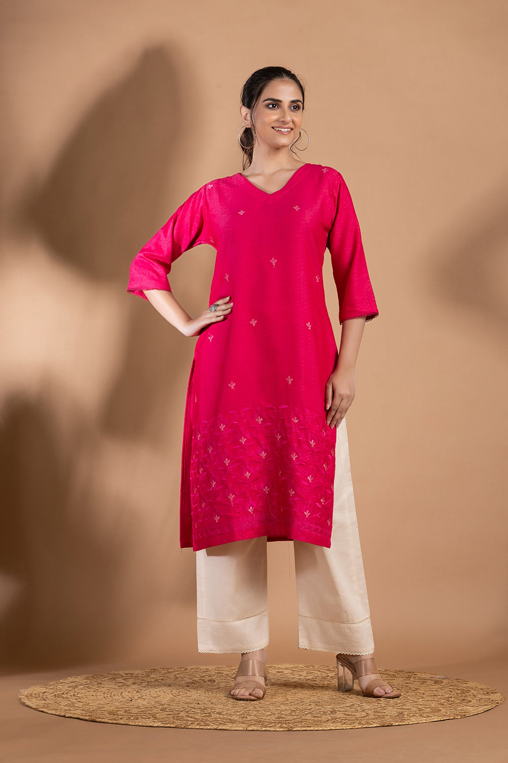 Magenta Pink Embroidered Kurta