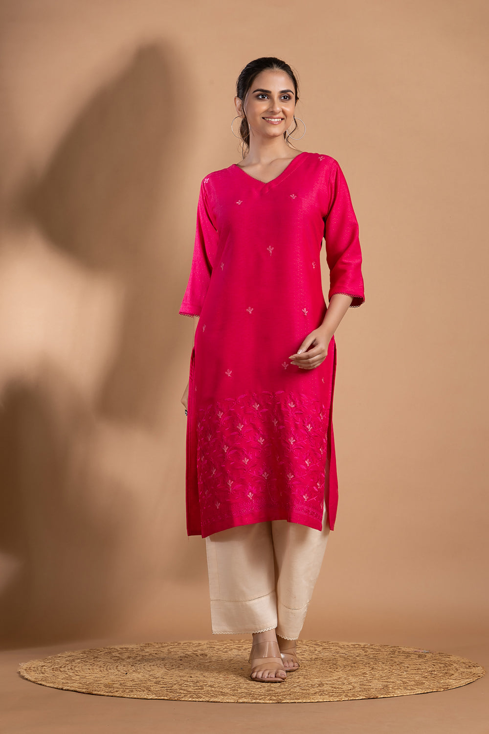 Magenta Pink Embroidered Kurta