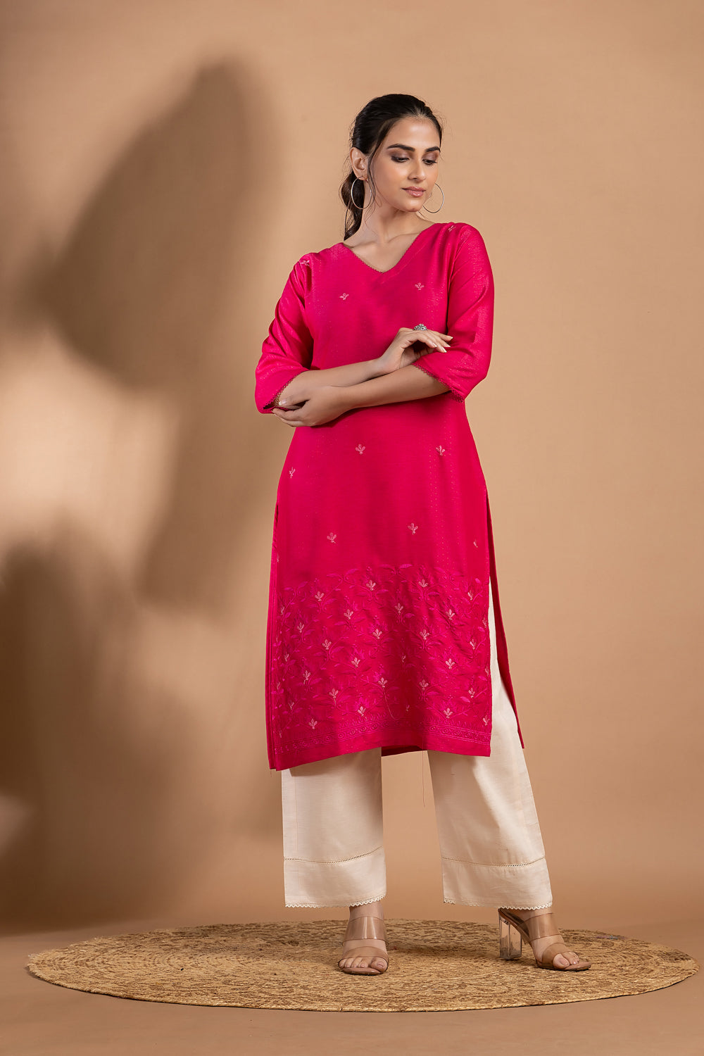 Magenta Pink Embroidered Kurta