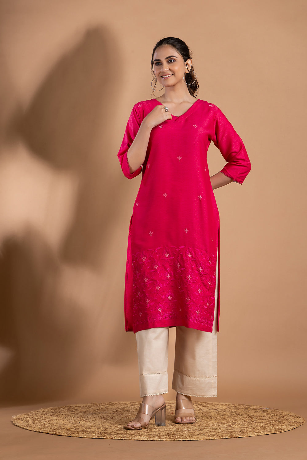 Magenta Pink Embroidered Kurta