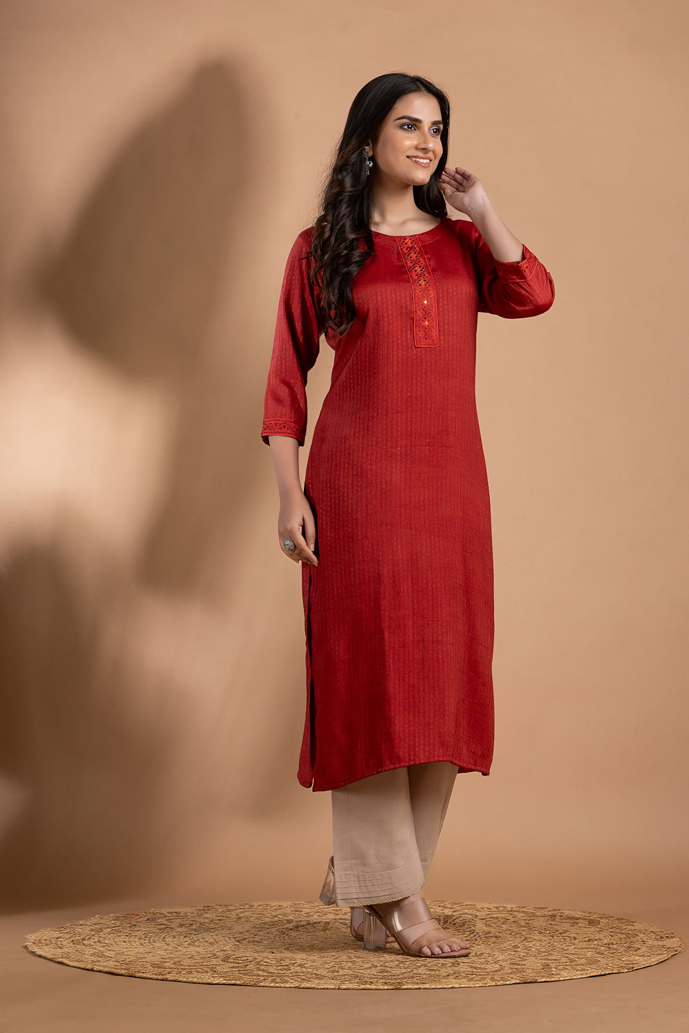 Maroon Embroidered Self-Design Kurta