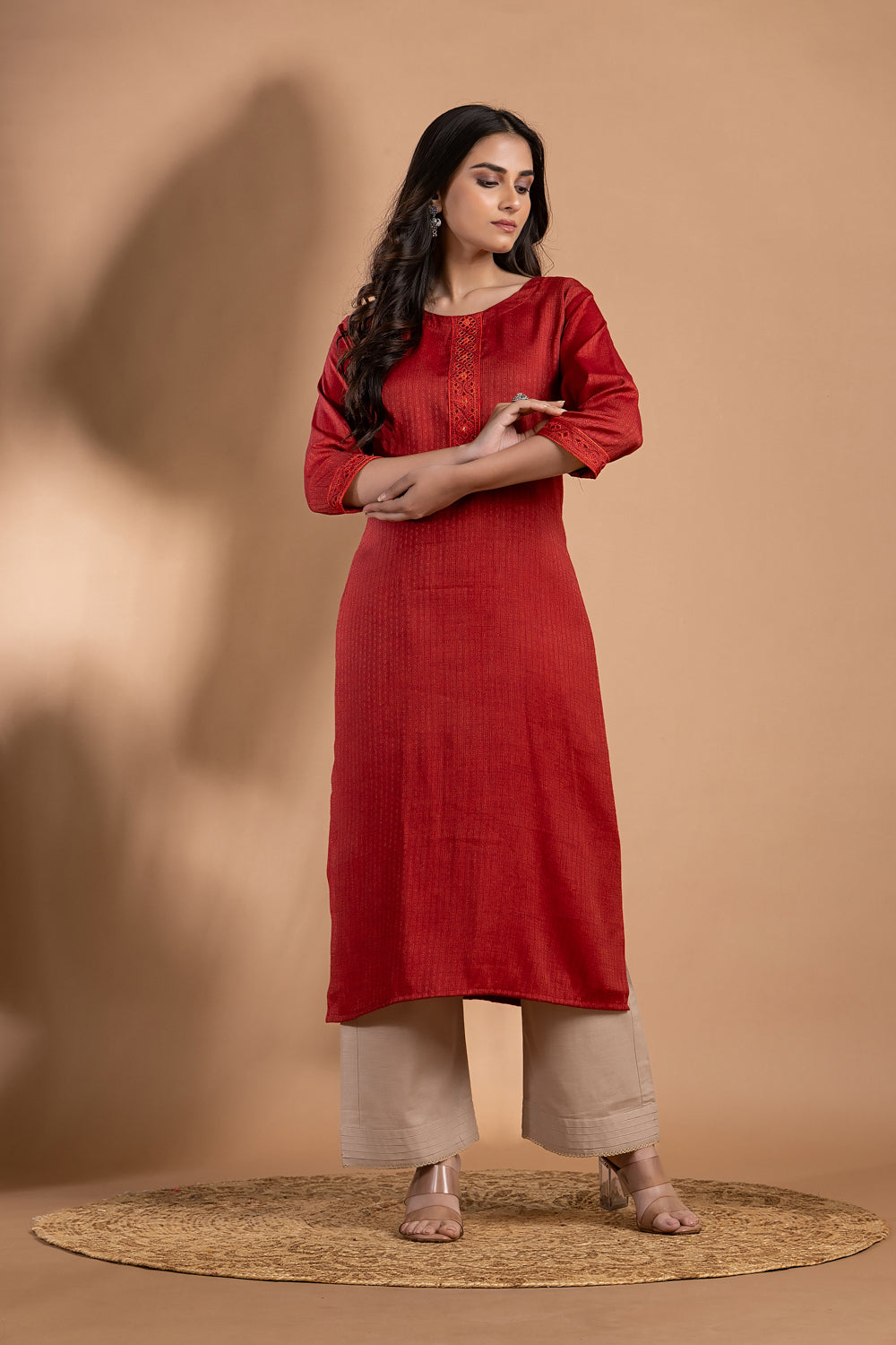 Maroon Embroidered Self-Design Kurta
