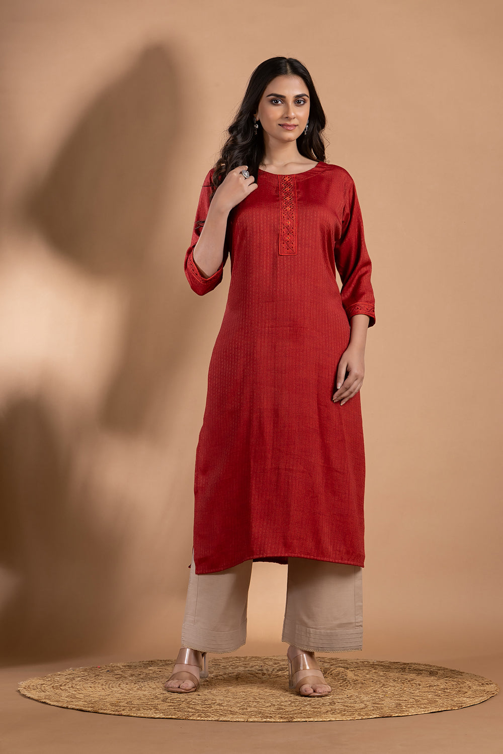 Maroon Embroidered Self-Design Kurta