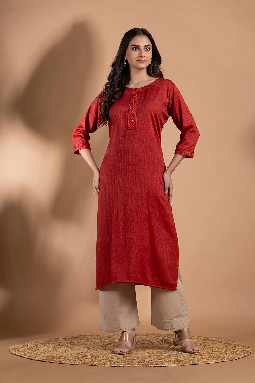 Maroon Embroidered Self-Design Kurta
