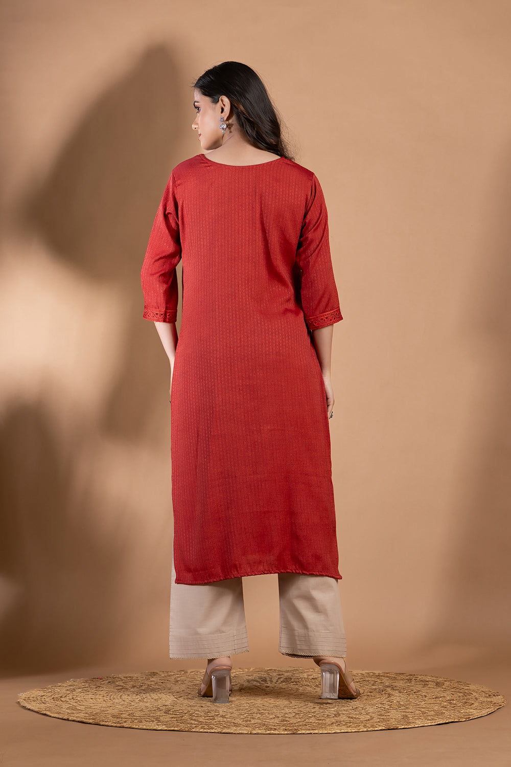Maroon Embroidered Self-Design Kurta