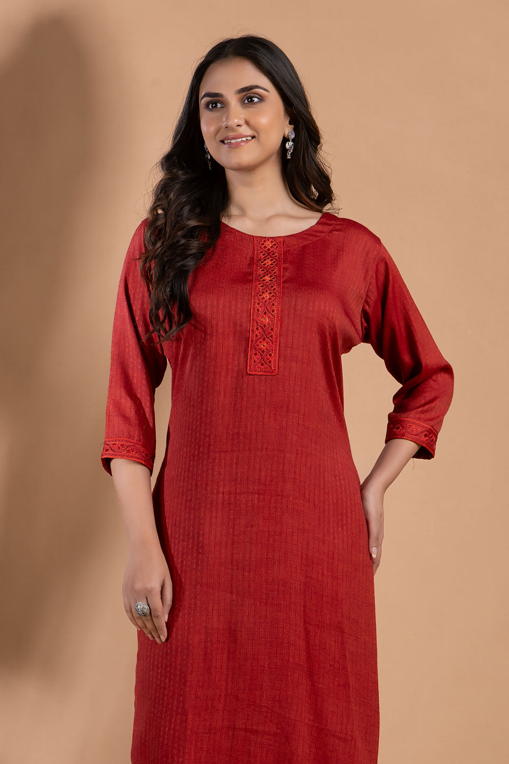 Maroon Embroidered Self-Design Kurta