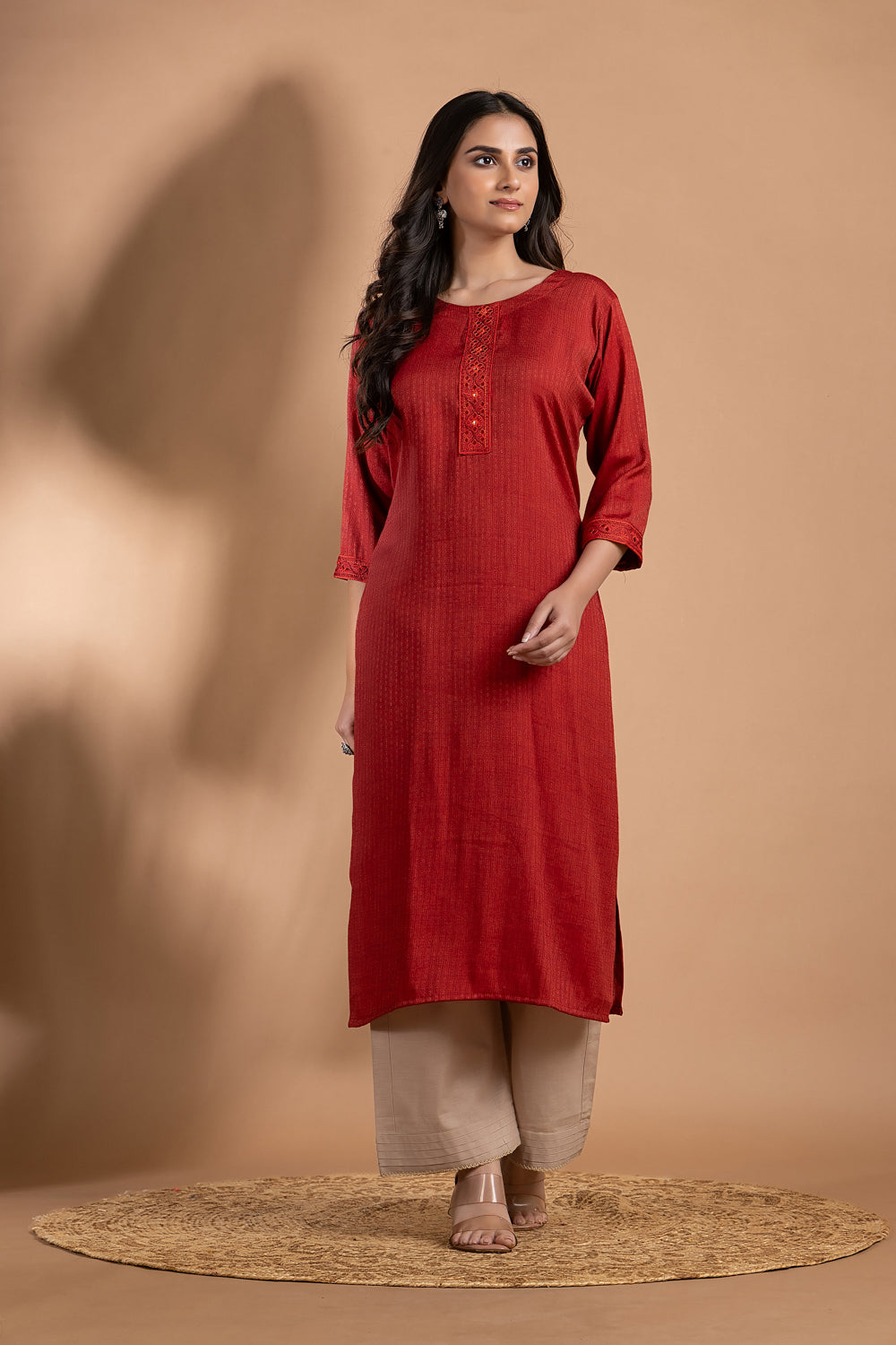 Maroon Embroidered Self-Design Kurta