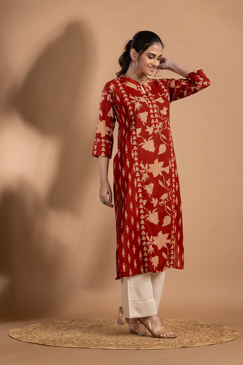 Brick Red Mix & Match Floral Print Kurta