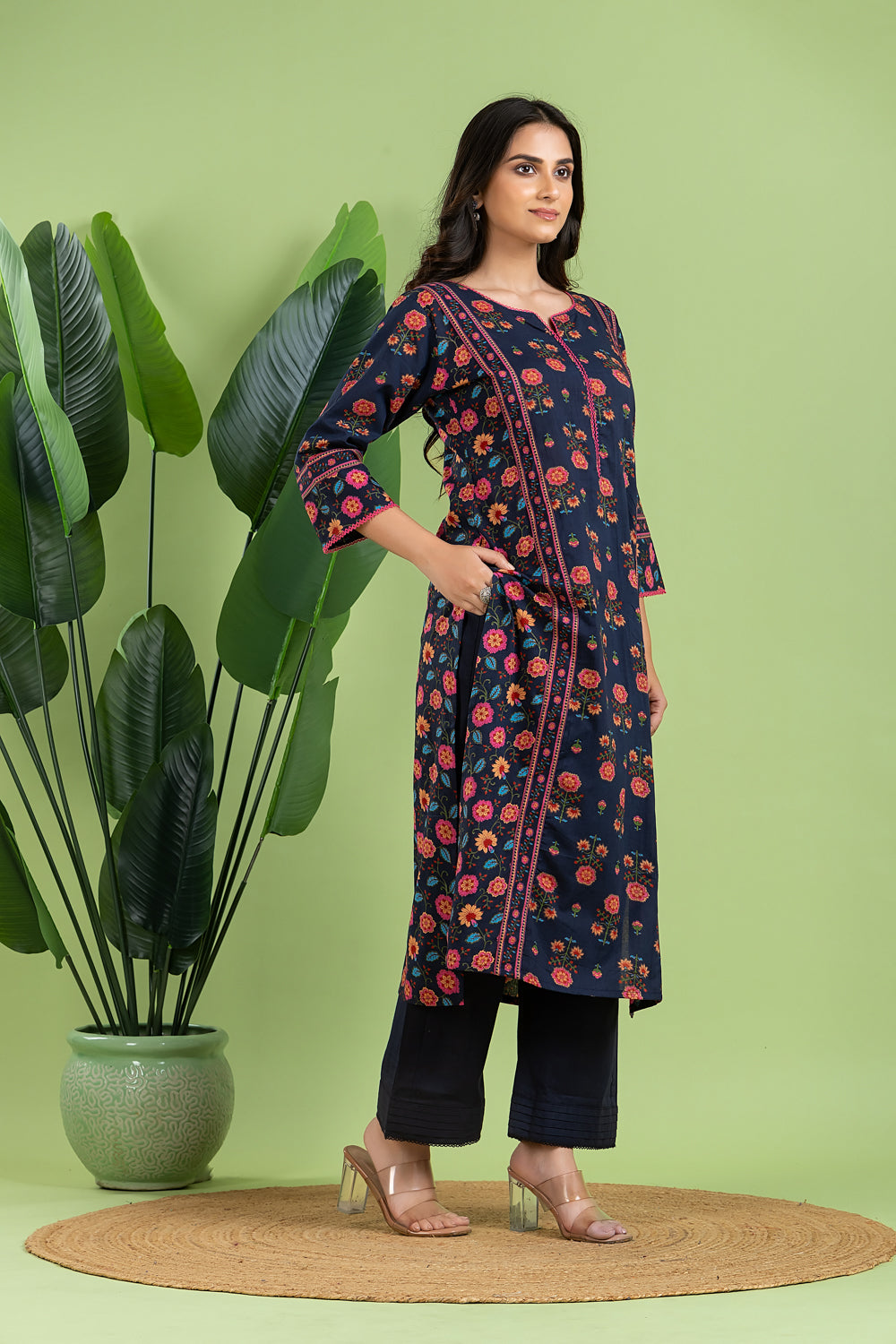 Navy Blue Mix & Match Floral Print Kurta