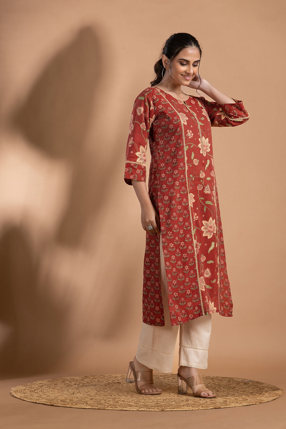 Red Mix & Match Floral Print Threadwork Kurta