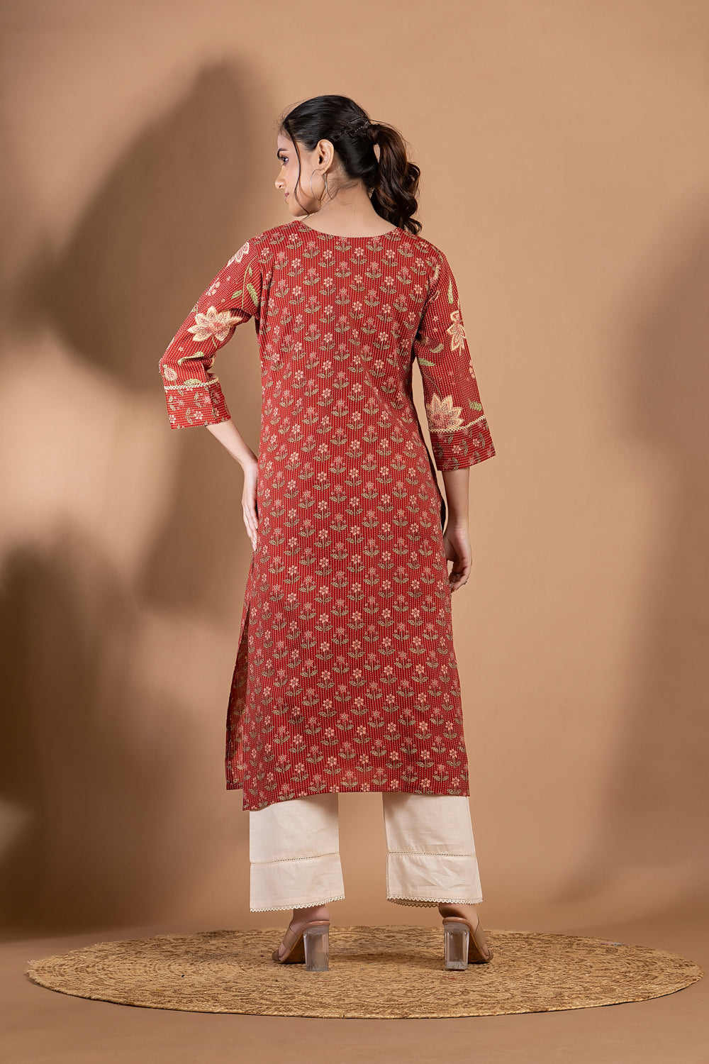 Red Mix & Match Floral Print Threadwork Kurta