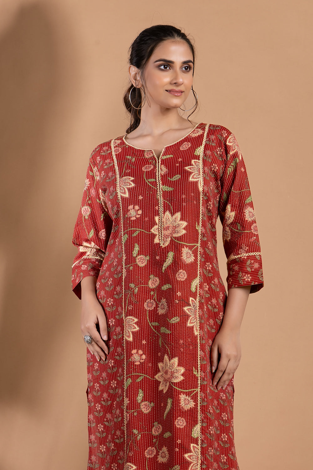 Red Mix & Match Floral Print Threadwork Kurta