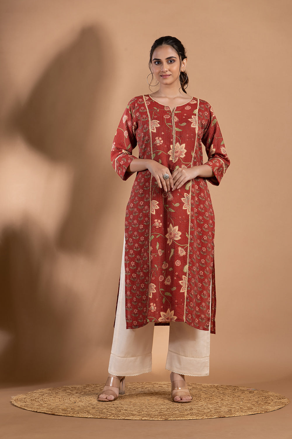 Red Mix & Match Floral Print Threadwork Kurta