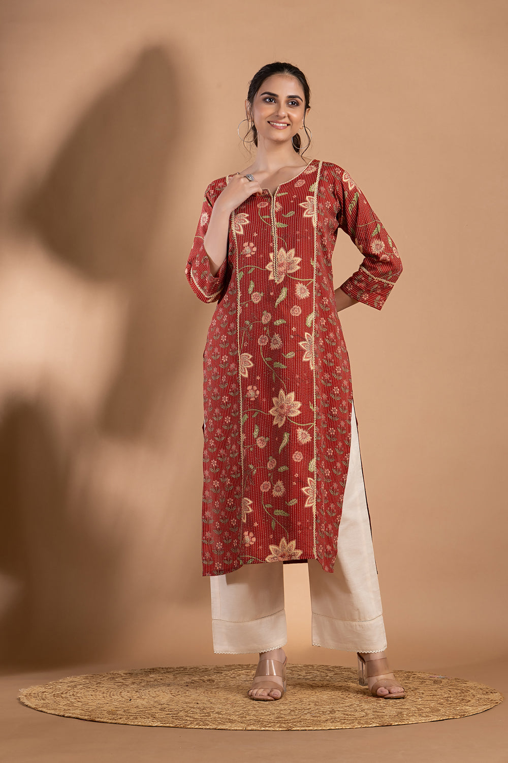 Red Mix & Match Floral Print Threadwork Kurta