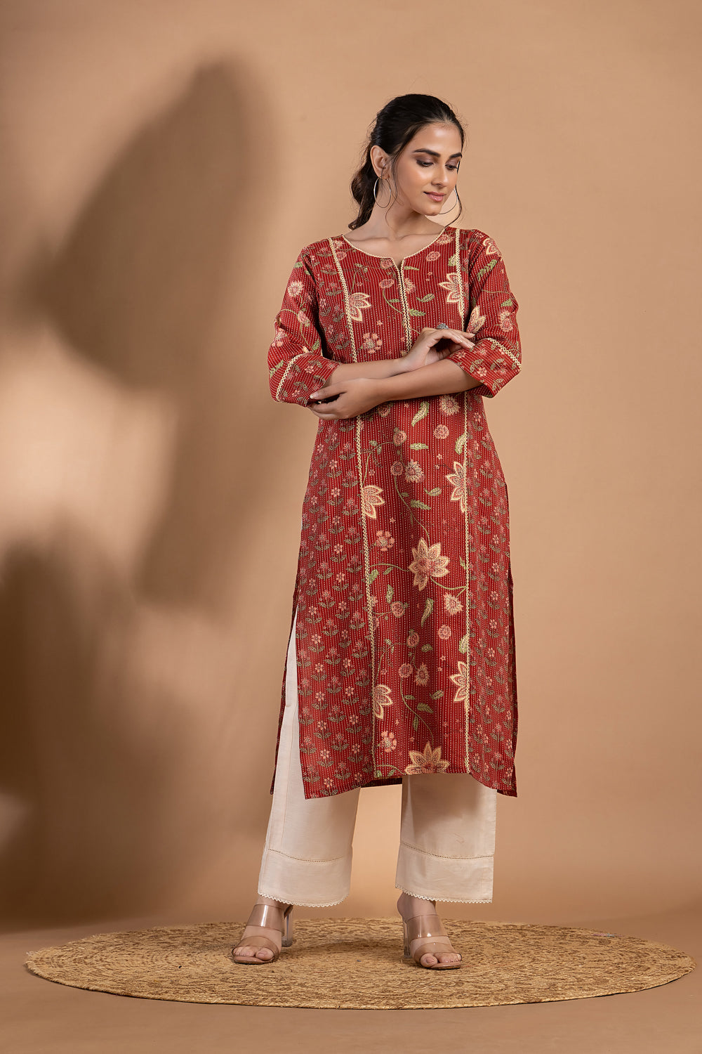 Red Mix & Match Floral Print Threadwork Kurta