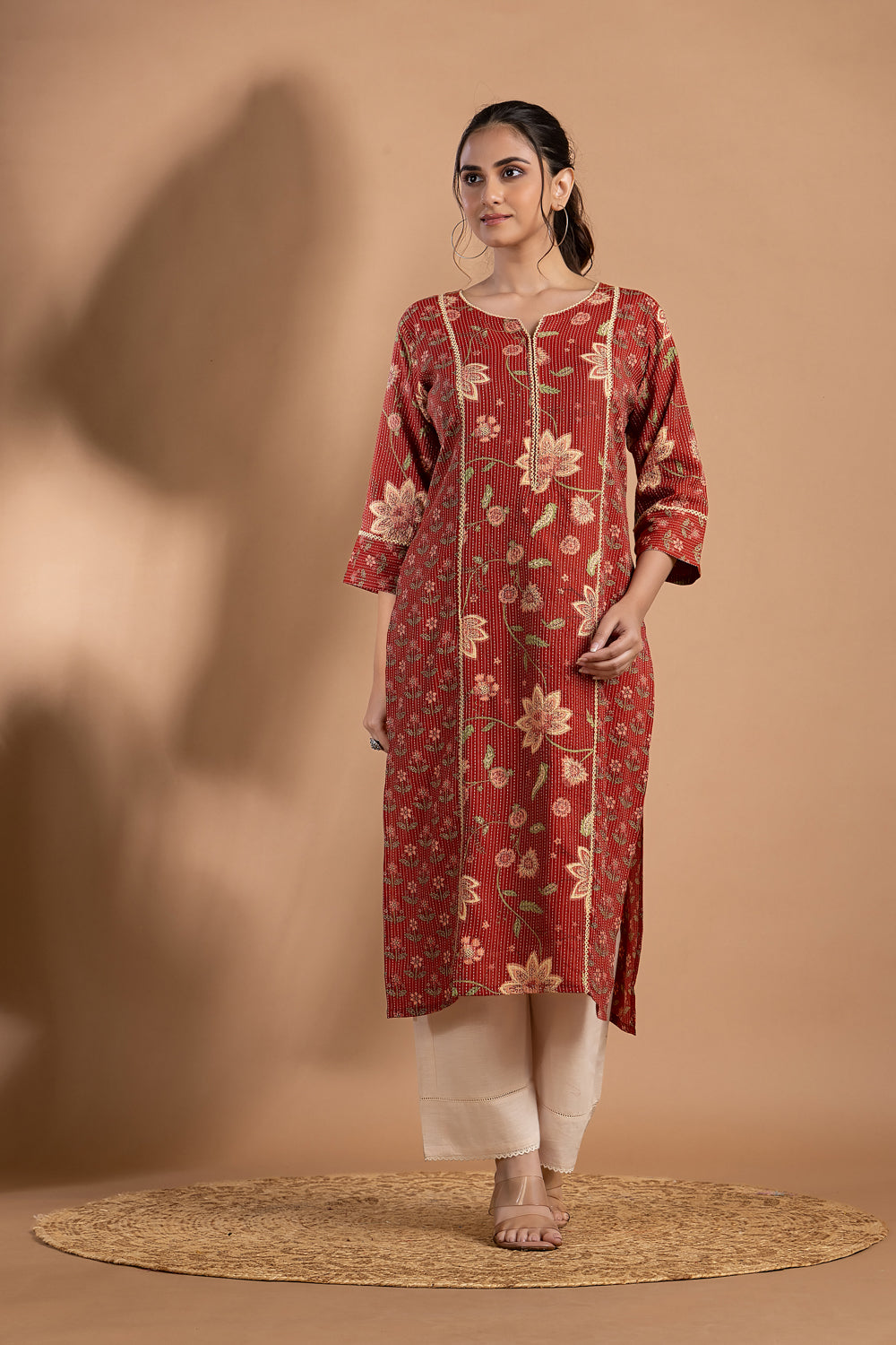Red Mix & Match Floral Print Threadwork Kurta
