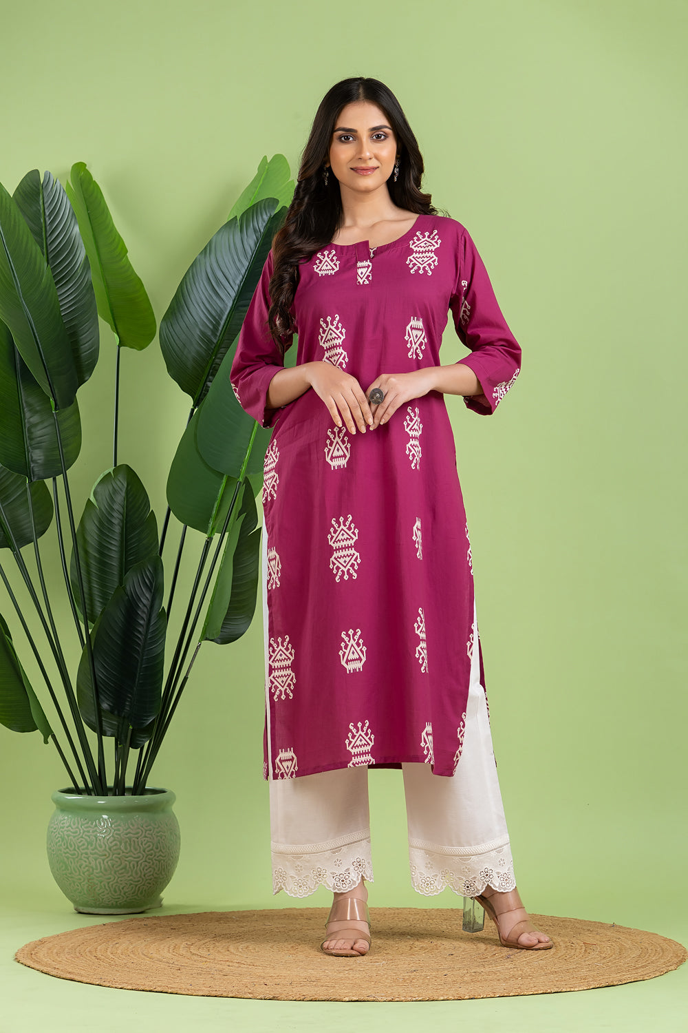Dark Magenta Pink Tribal Motif Kurta