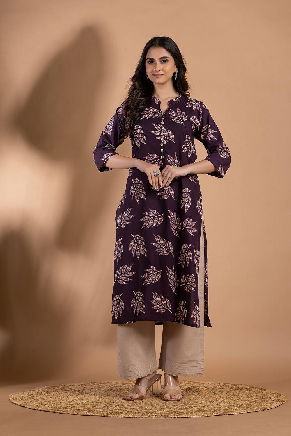 Midnight Purple Leaf Print Kurta