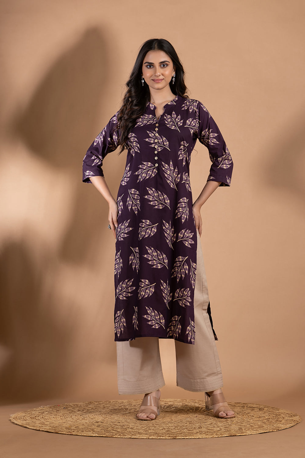 Midnight Purple Leaf Print Kurta