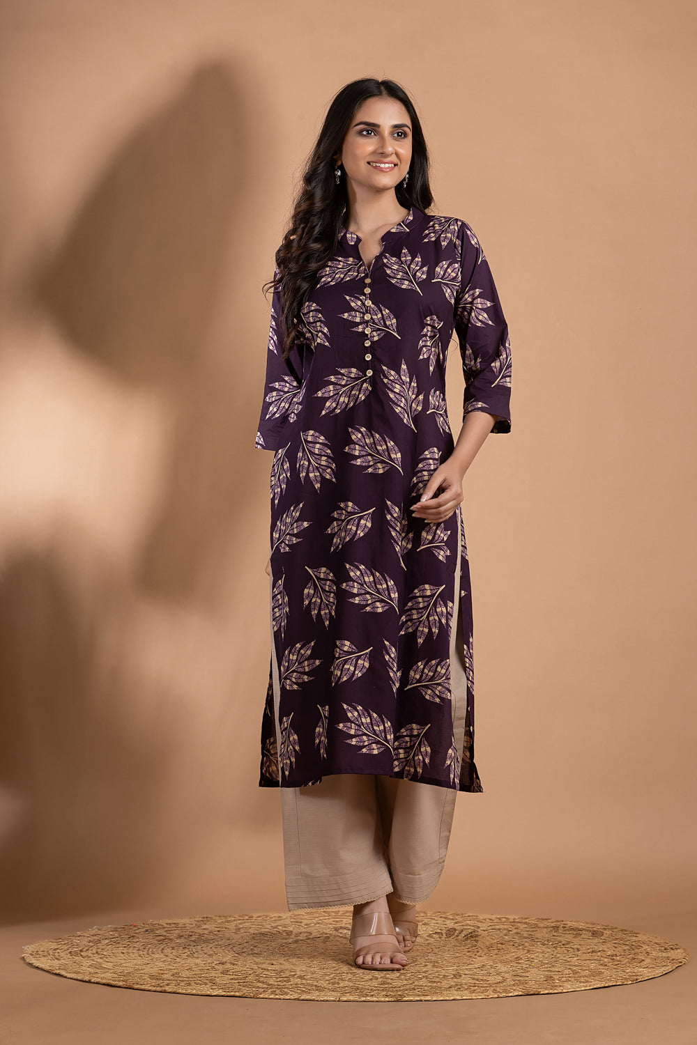 Midnight Purple Leaf Print Kurta