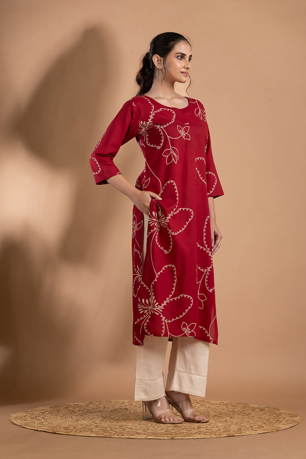 Dark Red Abstract Floral Print Kurta
