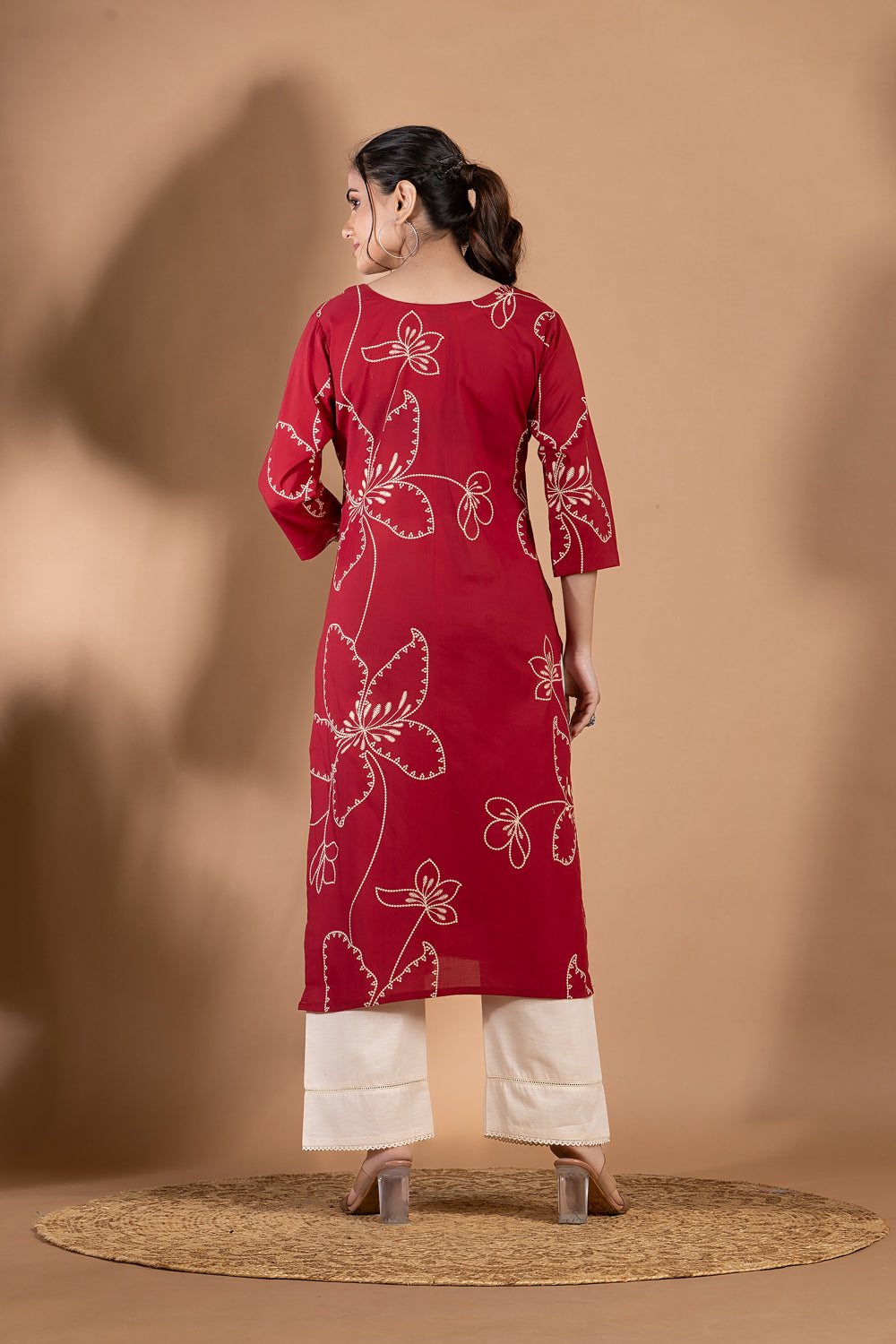 Dark Red Abstract Floral Print Kurta