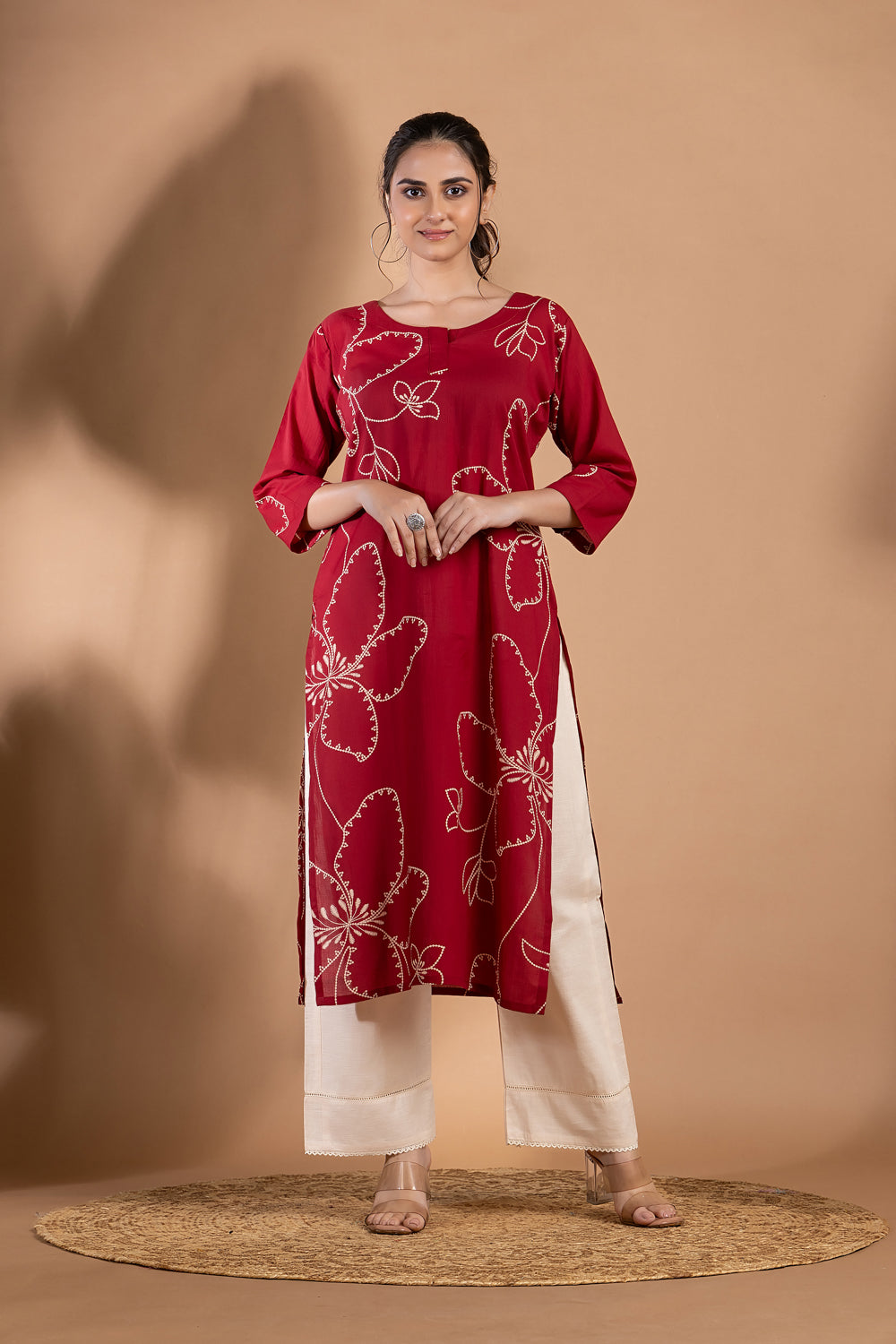 Dark Red Abstract Floral Print Kurta